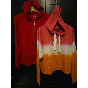 Calvin Klein Women's Ombre Dip Dye Cropped & Red Sport Zip Hoodie Lot Medium